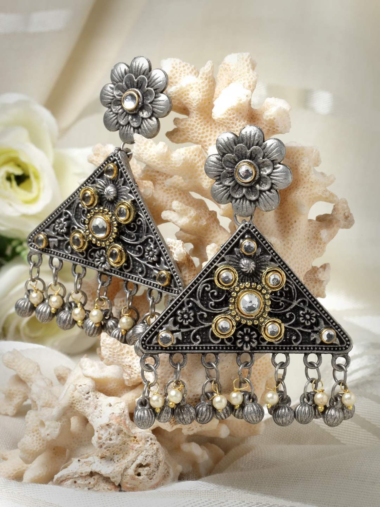 Moedbuille Kundan and Pearls Floral Design Oxidised Silver Plated Tribal Tasselled Earrings