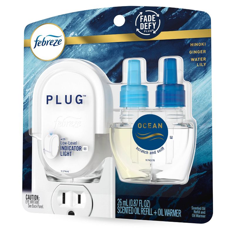 Febreze Origins Fade Defy Plug Air Freshener & Odor Eliminator, Ocean, Starter Kit & Oil Refill - 0.87 fl Oz