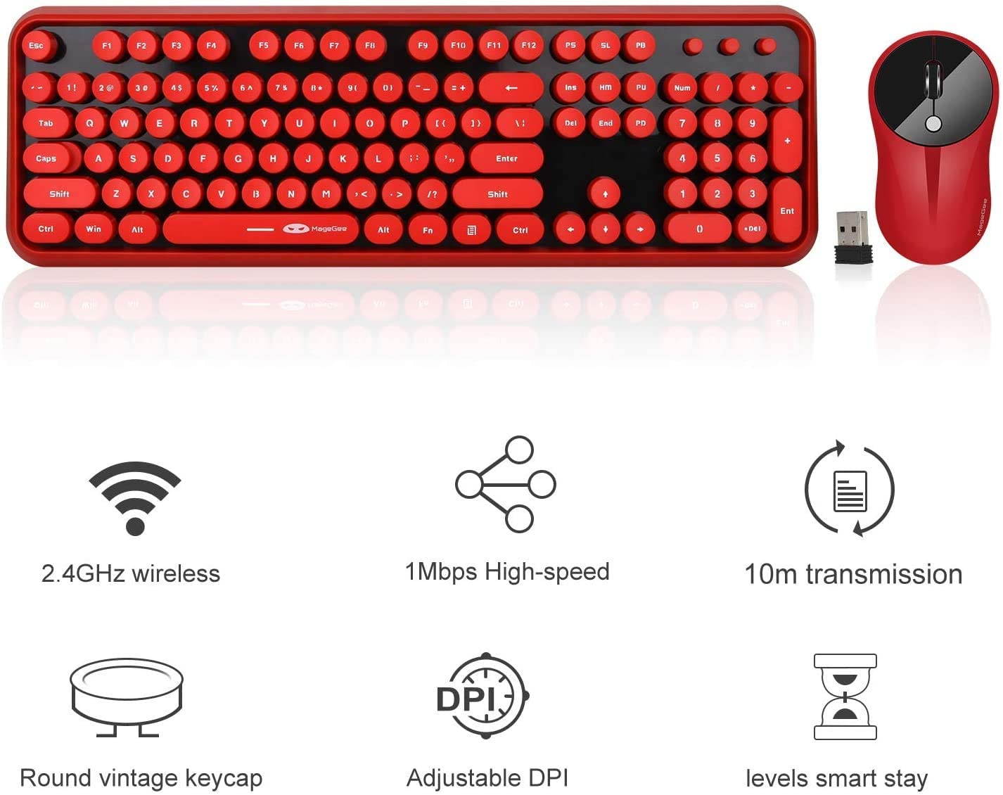 Wireless Keyboard and Mouse Combo, 2.4G Cute Round Mute Keyboard Mouse Set for Laptop, Computer, Mac(Red Black)