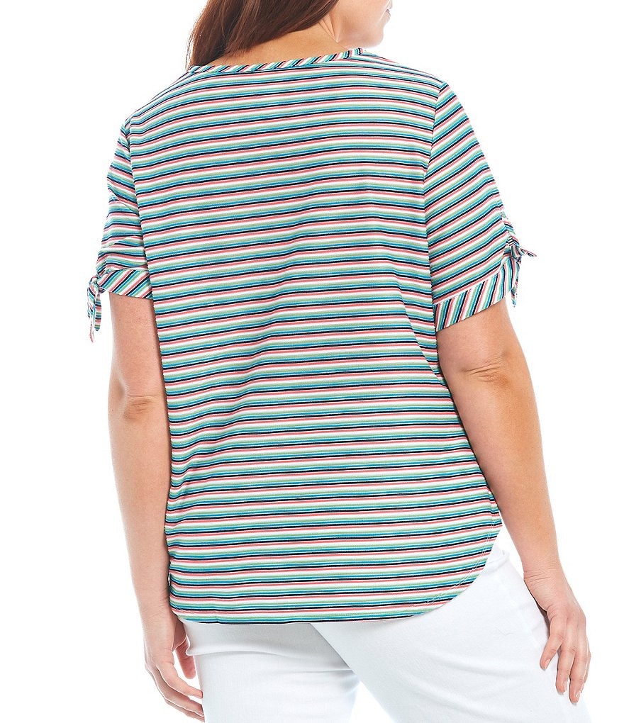 Ruby Rd. Plus Size Colorful Ottoman Stripe Tie Short Sleeve Scoop Neck Top