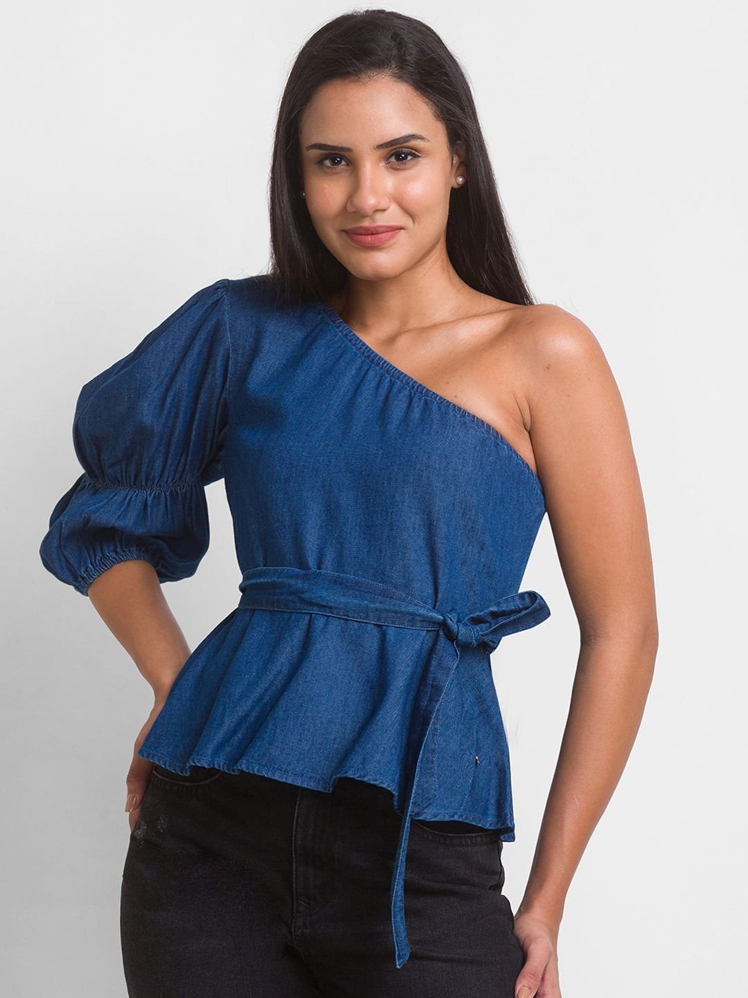Spykar Blue Cotton One Shoulder Top