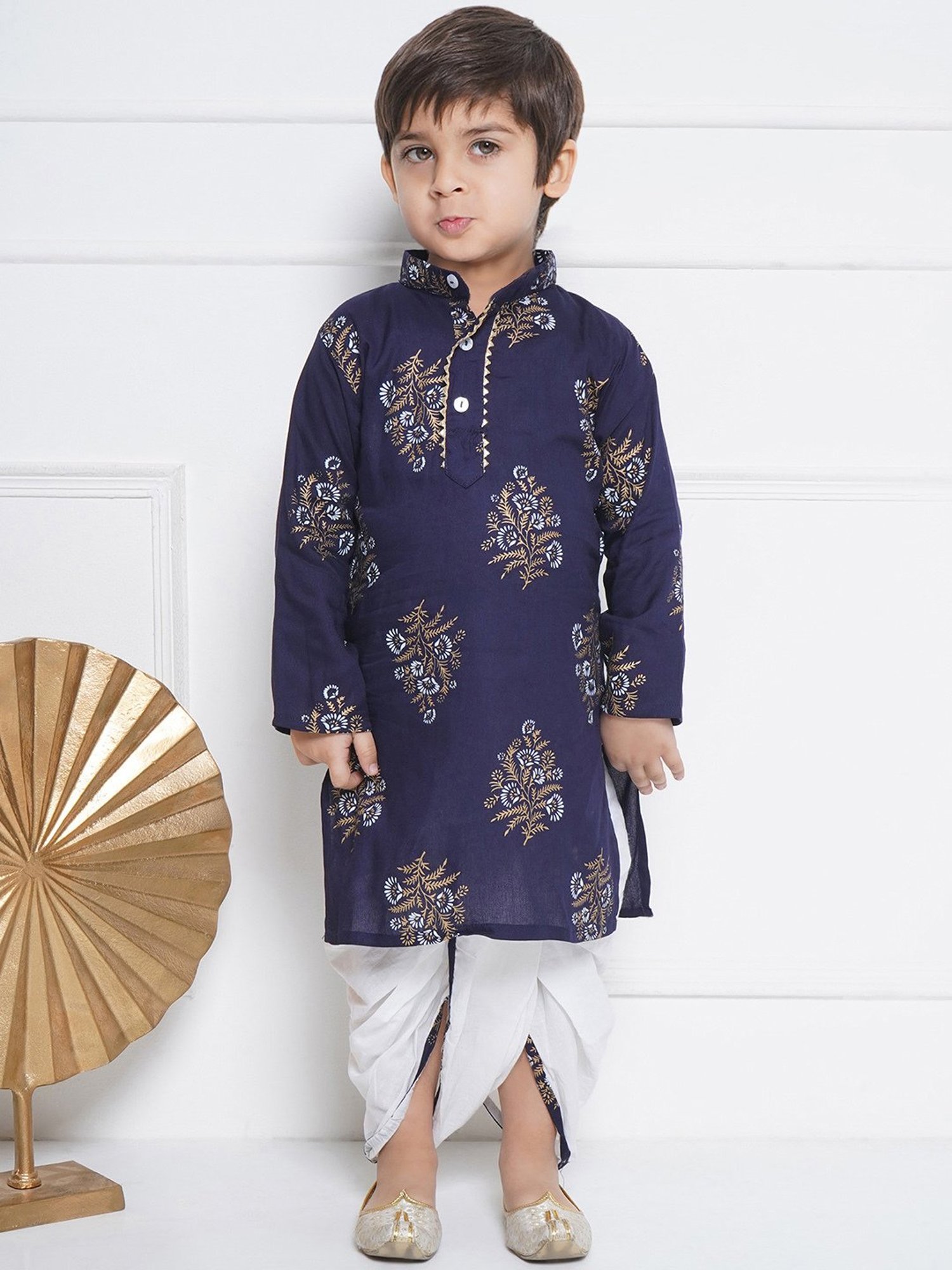 AJ Dezines Kids Navy & White Floral Print Full Sleeves Kurta with Dhoti