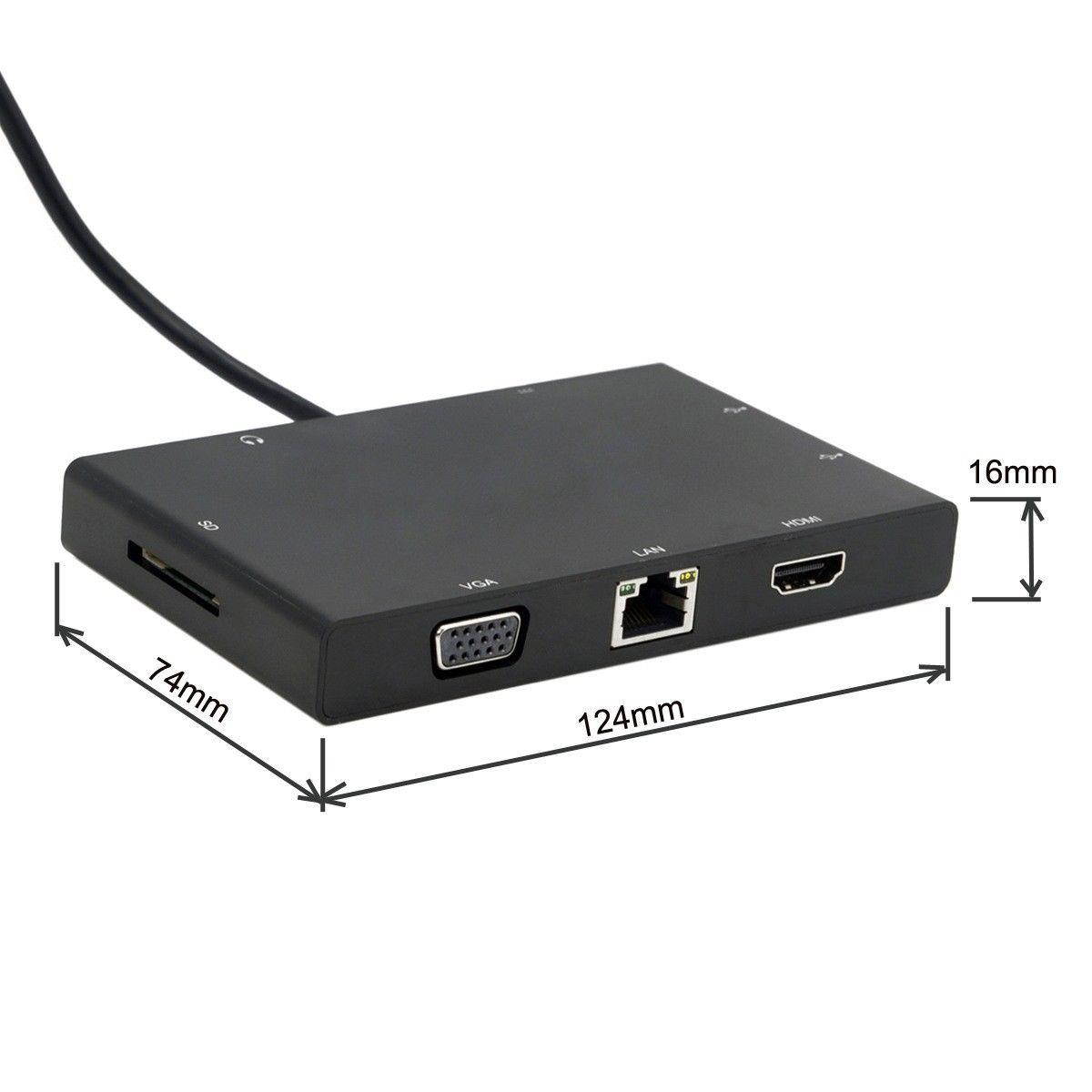 USB 3.1 USB-C to VGA/HDMI/2 Ports USB 3.0 HUB/SD Card Reader/100Mbps Ethernet RJ45 LAN/3.5mm Audio/PD USB Type C Charge Port for New Macbook