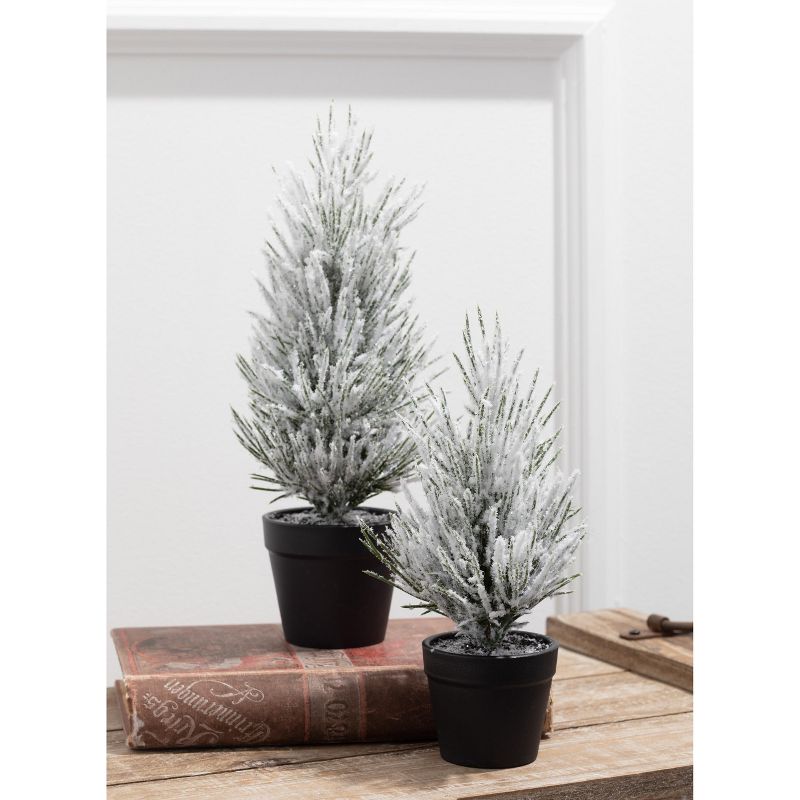 Sullivans Flocked Pine Artificial Tree Set of 2, 11"H & 9"H Green