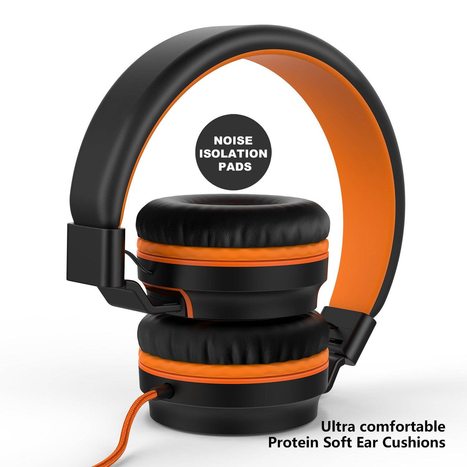 Ailihen I35 Stereo Lightweight Foldable Headphones Adjustable Headband Headsets with Microphone 3.5mm for Cellphones Smartphones iPhone Laptop Computer Mp3/4 Earphones (Black/Orange)