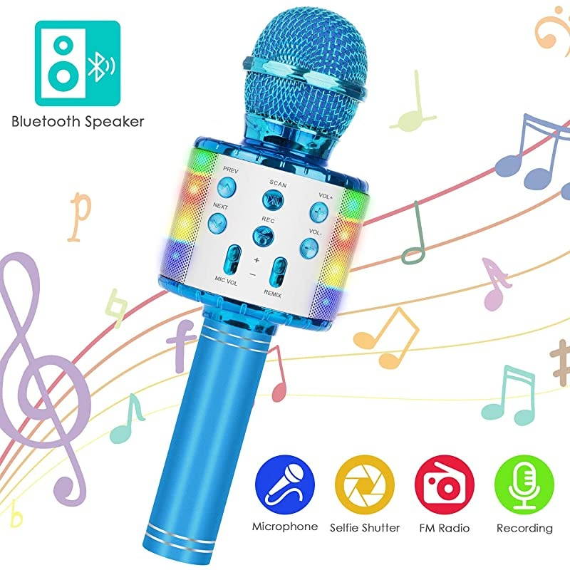 Bluetooth Karaoke Microphone, 5-in-1 Portable Handheld Mic Speaker Player Recorder with Controllable LED Lights, Adjustable Remix FM Radio for Christmas, Birthday, Home Party More (Blue)