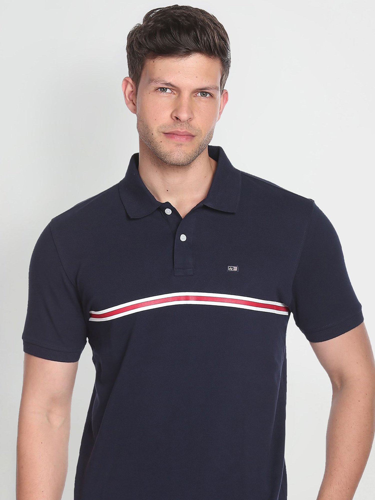 Arrow Sport Navy Blue Cotton Regular Fit Striped Polo T-Shirt