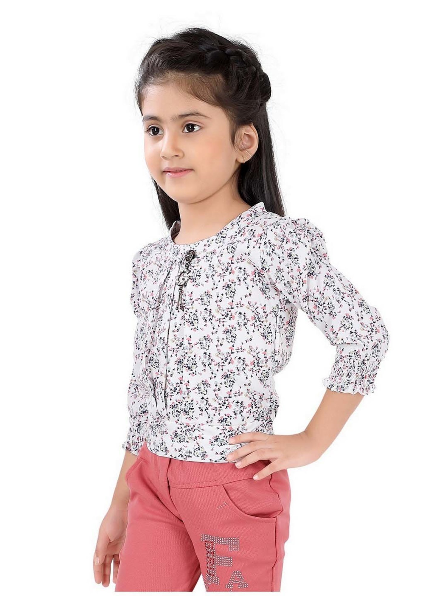 poplins Kids Pink & White Cotton Floral Print Top