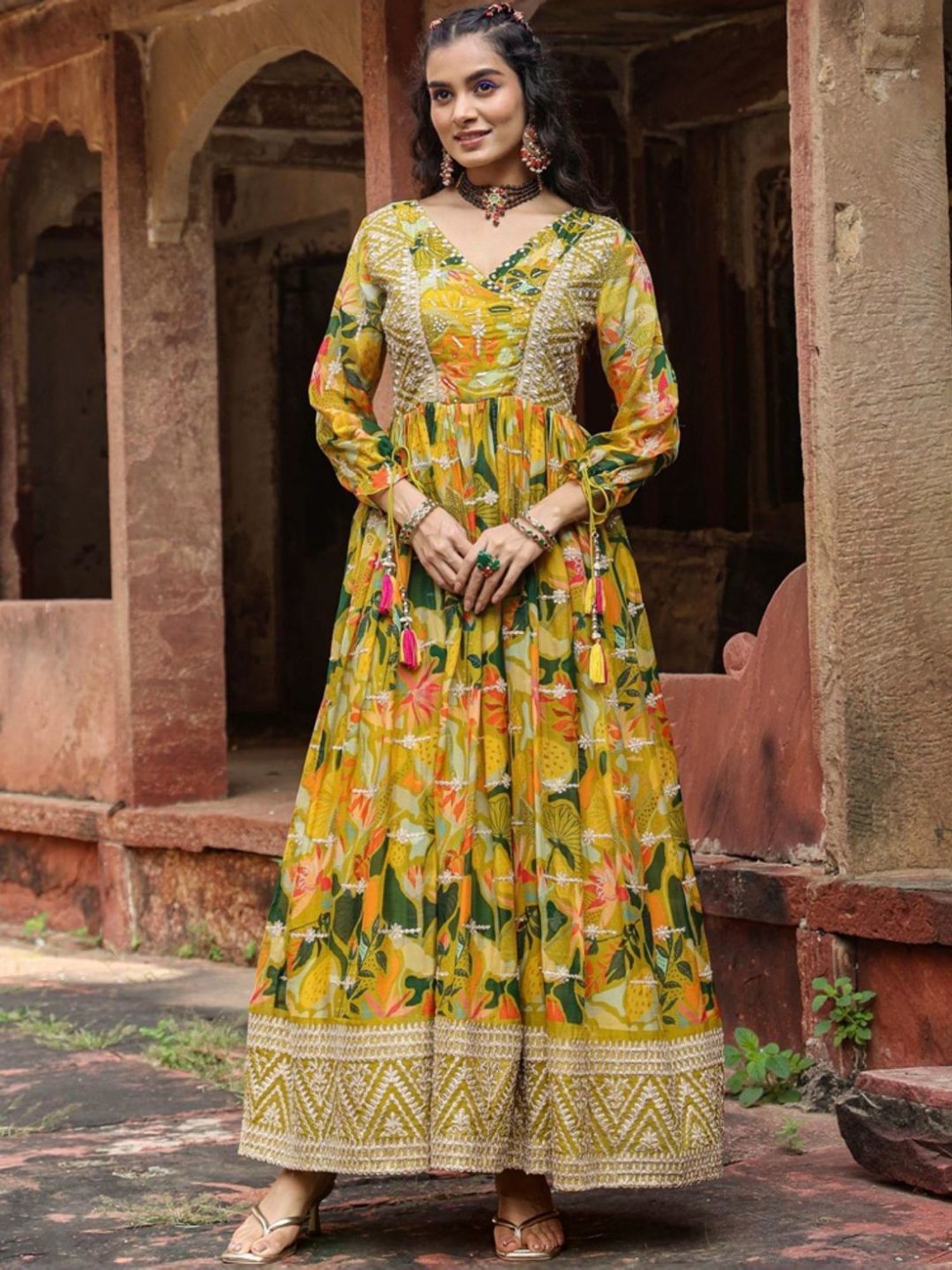 SCAKHI Lime Green Organza Floral Print & Gota Work Gathered Angrakha Gown