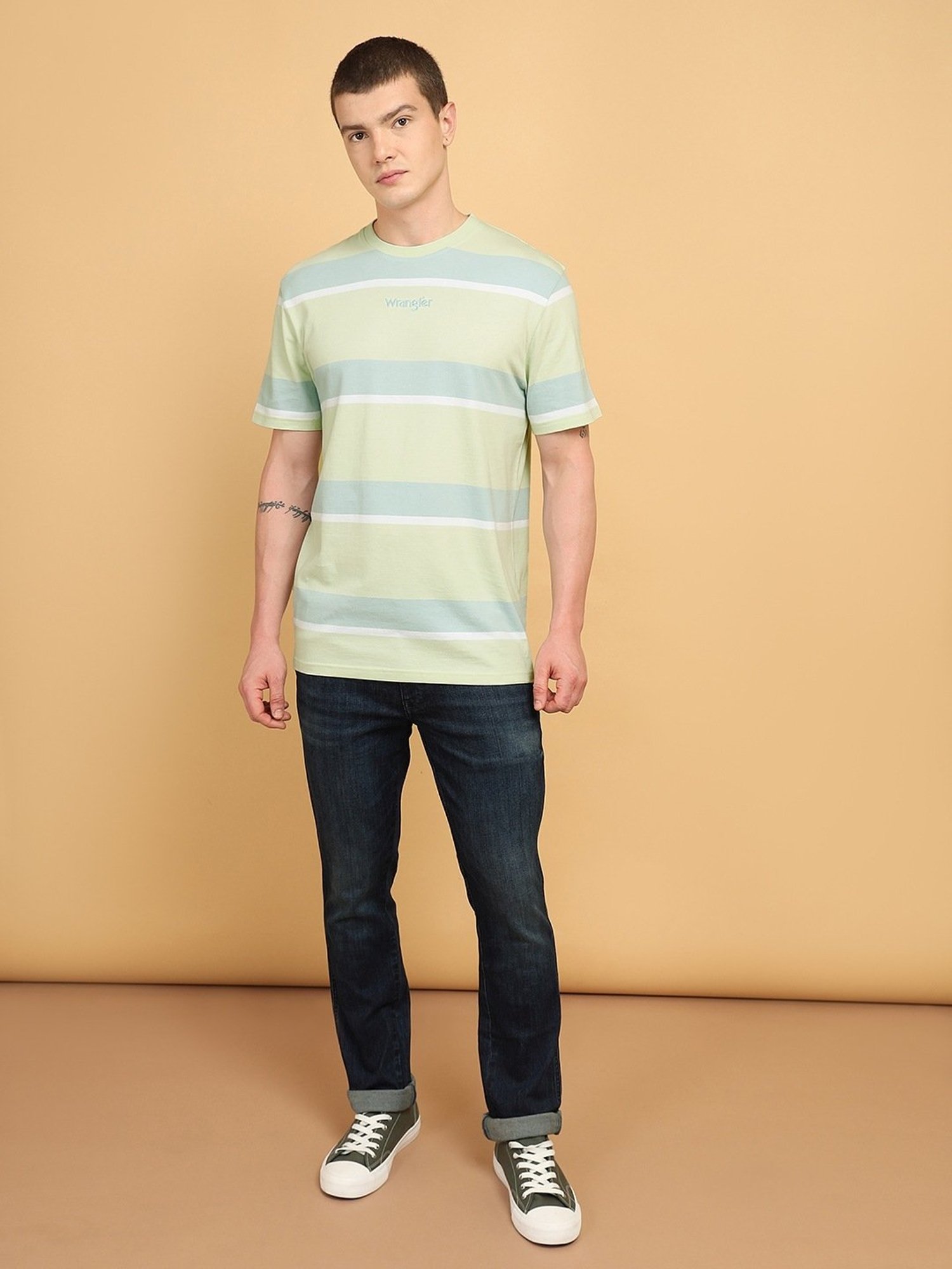 Wrangler Light Green Relaxed Fit Striped T-Shirt
