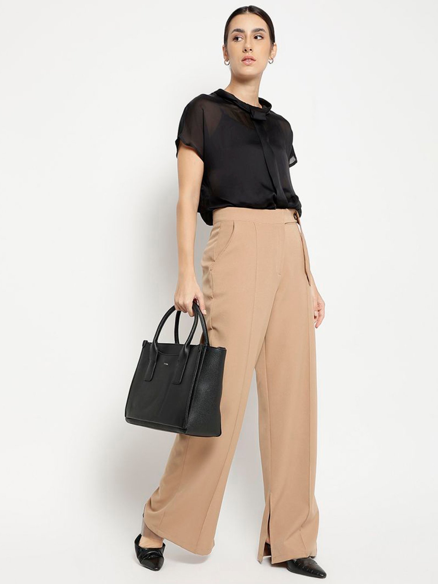 Tyra Eslia Black Solid Faux Leather Tote Handbag