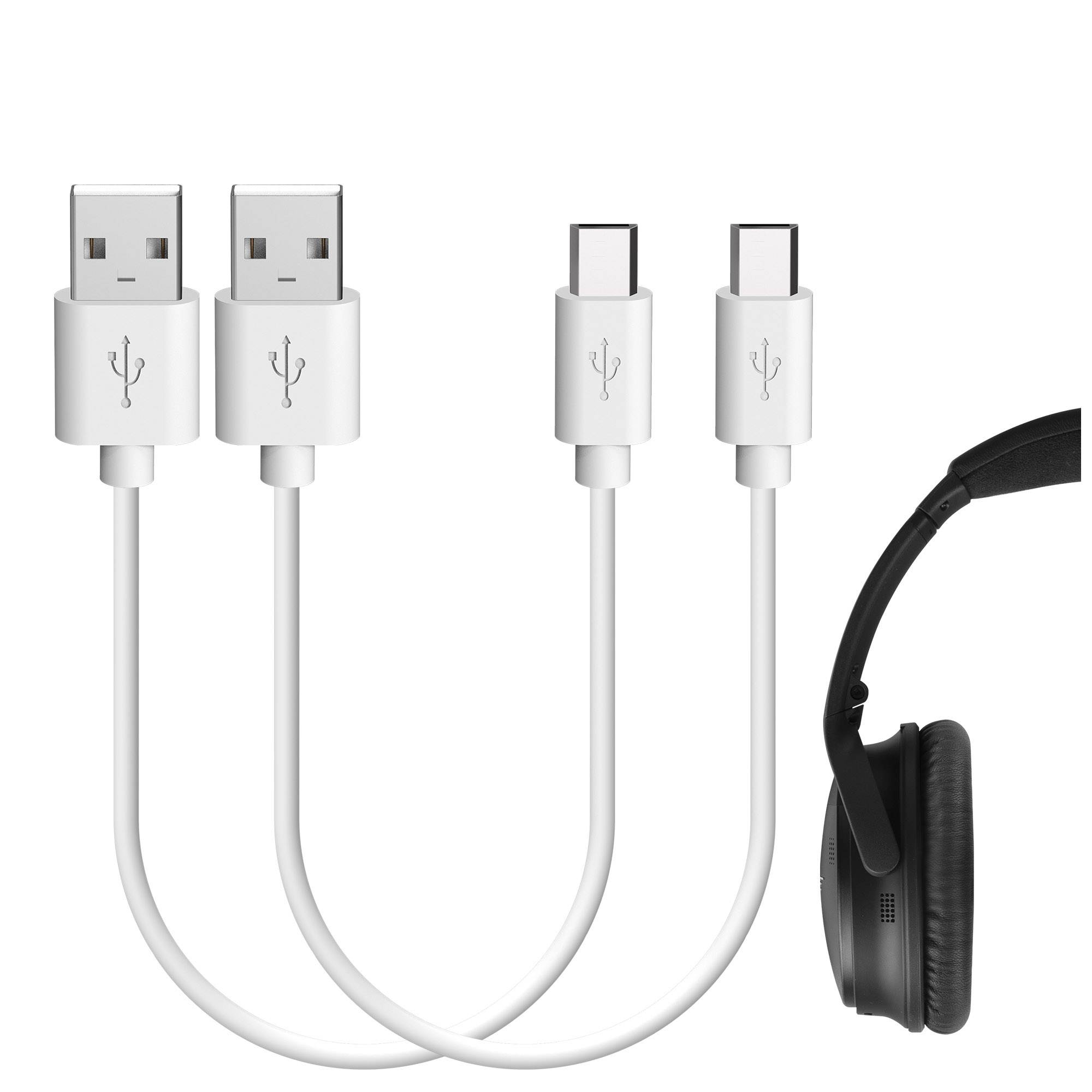Geekria Headphone Charger Cord for Bose QC 35 II, QC 35, QC 25, QuietComfort 35 II Gaming Headset, SoundLink Around-Ear II / USB-A to Micro-USB Charging Cable for Bose Headphones (White 2Pack 1FT)