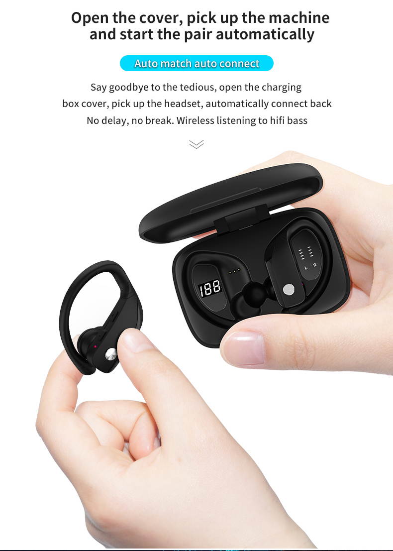 Wireless Bluetooth 5.0 Earphones Sport Ear-hook TWS Earbuds LCD Digital Display Gaming Headphone Long Standy