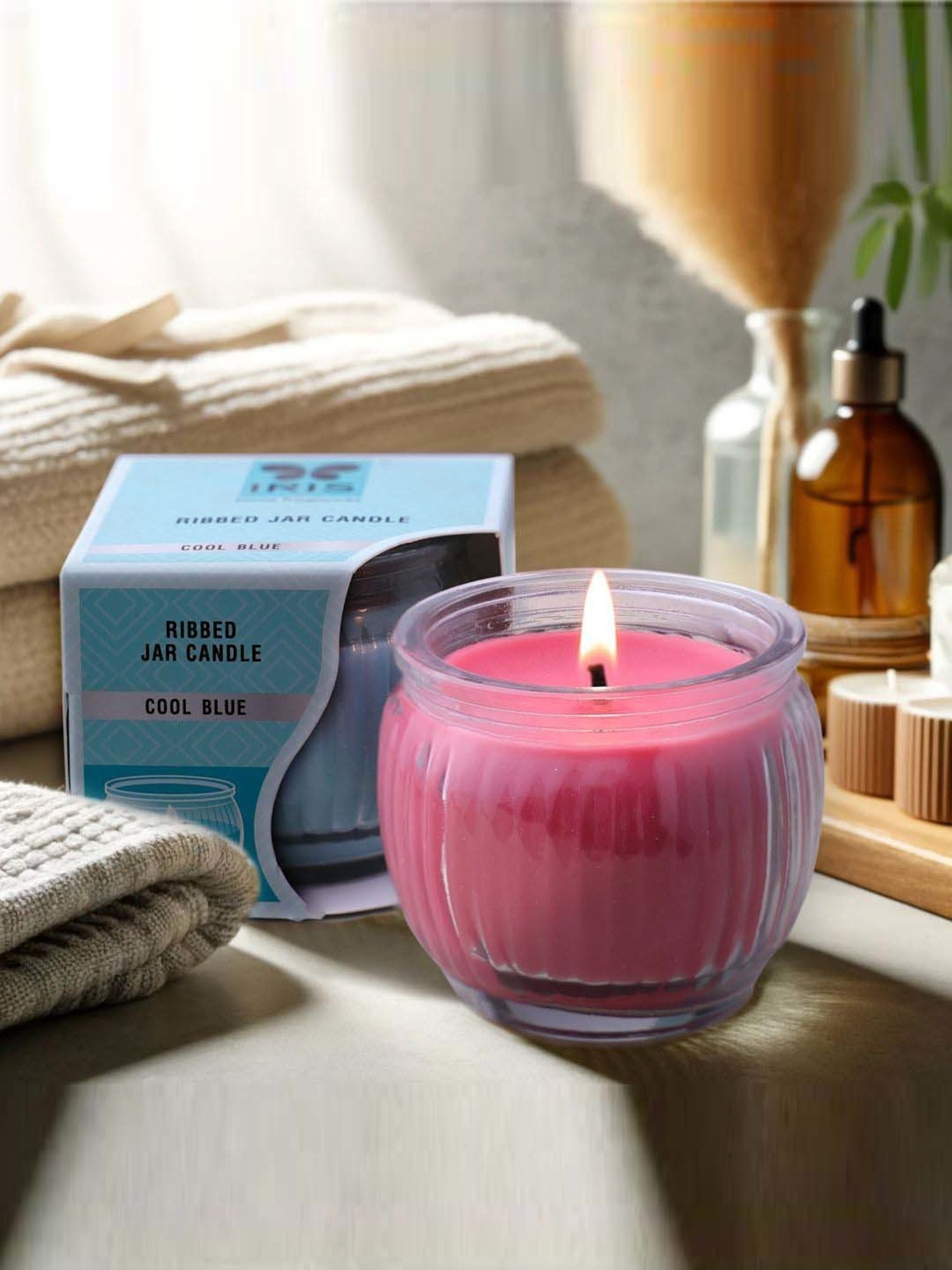 IRIS Multicolour Home Fragrances Cool Blue And Damask Rose Swirl Jar Candles - Set of 2