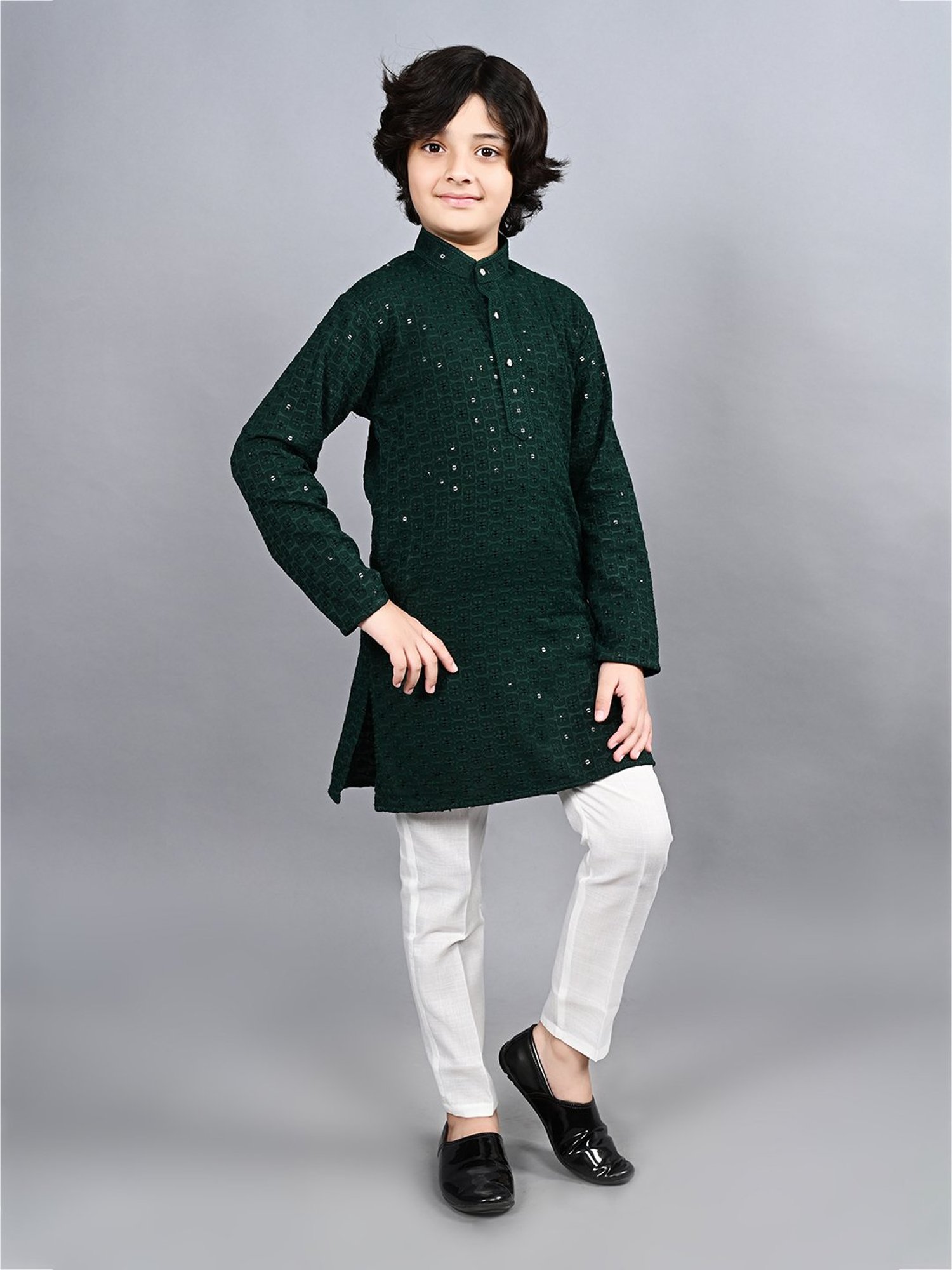 Ahhaaaa Kids Dark Green & White Embellished Full Sleeves Kurta With Pyjamas