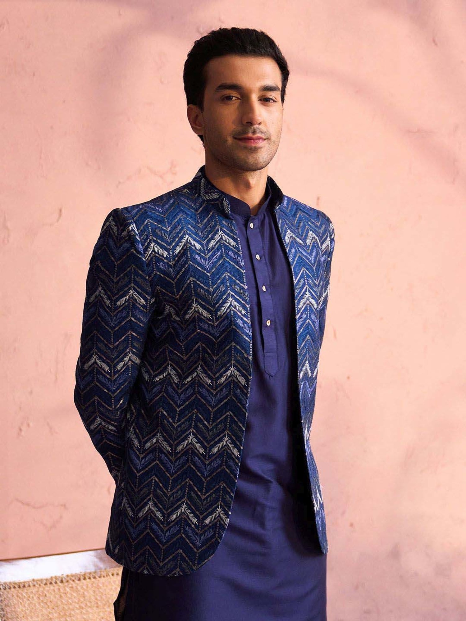 Vastramay Blue Regular Fit Embroidered Ethnic Blazer