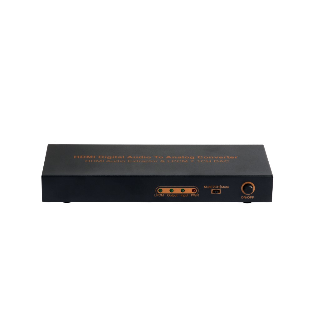 LPCM 7.1CH HDMI Audio Converter.Supports 12-bit Deep Color Full HD,3D and 4K2K video.Uses 24bit /192KHz DAC.Support multi-channel LPCM digital audio to analog output, up to 7.1CH.