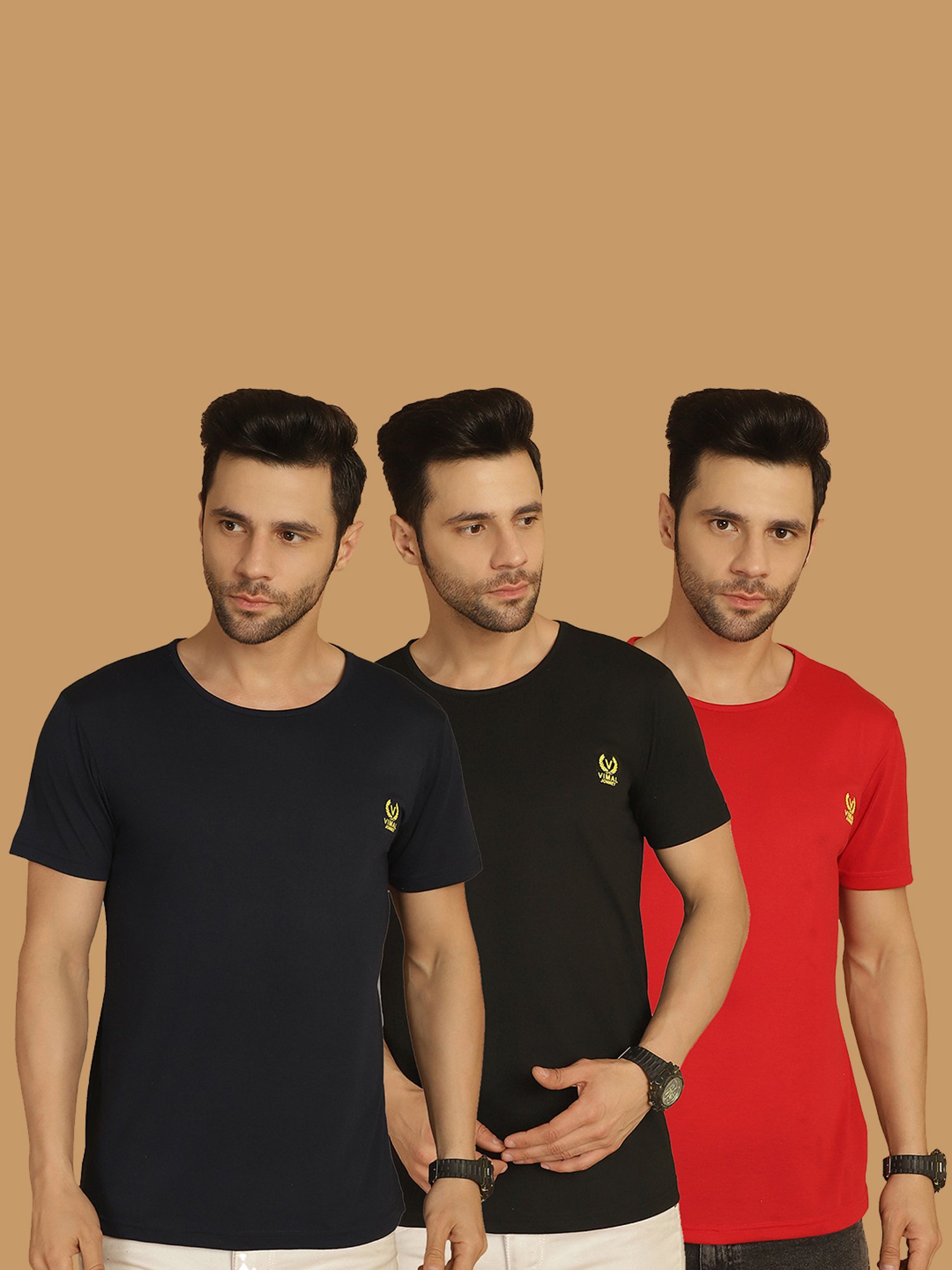 Vimal Jonney Multicolor Regular Fit Crew T-Shirt - Pack of 3