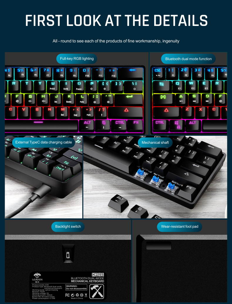 LEAVEN 61-key wired/wireless dual-mode bluetooth mechanical keyboard tablet phone mechanical bluetooth keyboard