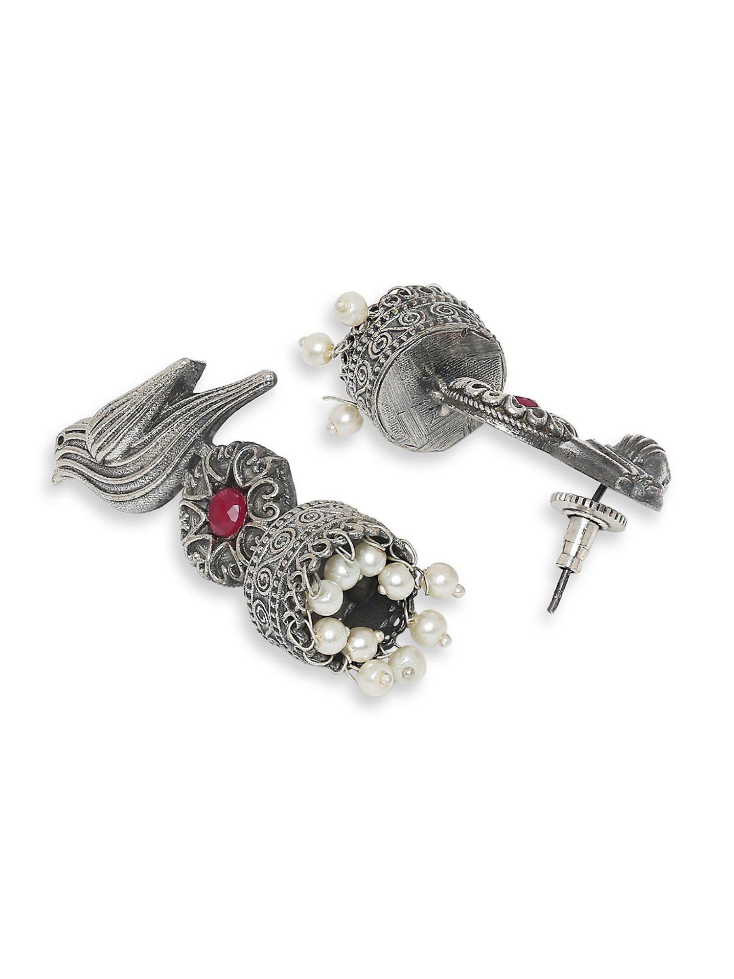 OOMPH Jewellery Oxidized Silver Look Alike Bird Design Maroon Stone & Pearls Ethnic Jhumki