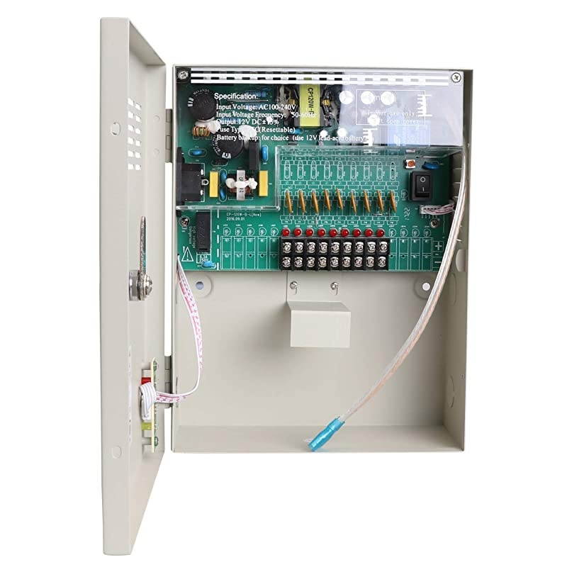 9 Channel 9 Way 12V 5Amp DC Metal Boxed Cabinet Regulated Power Supply Unit with Backup Battery Link for Burglar Alarms CCTV Cameras PTZ Access Control