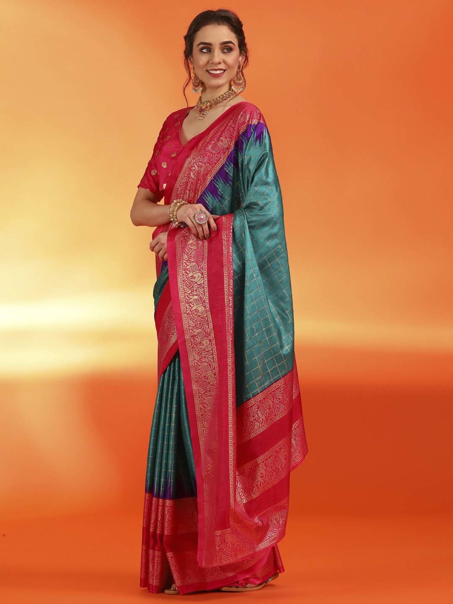 Saree Mall Blue & Pink Silk Printed Saree With Unstitched Blouse