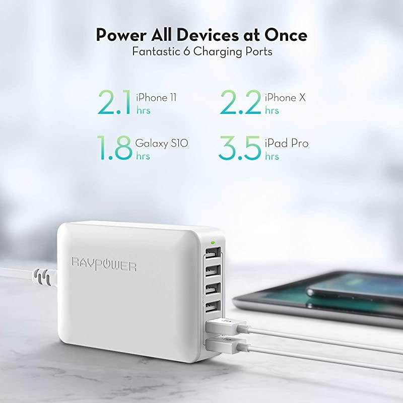 USB Charger  60W 12A 6-Port Desktop USB Charging Station with iSmart Multiple Port, Compatible iPhone 12 Mini SE 11 Pro Max XS XR X iPad Pro Air Mini Galaxy S10 Note 10 Tablet(White)