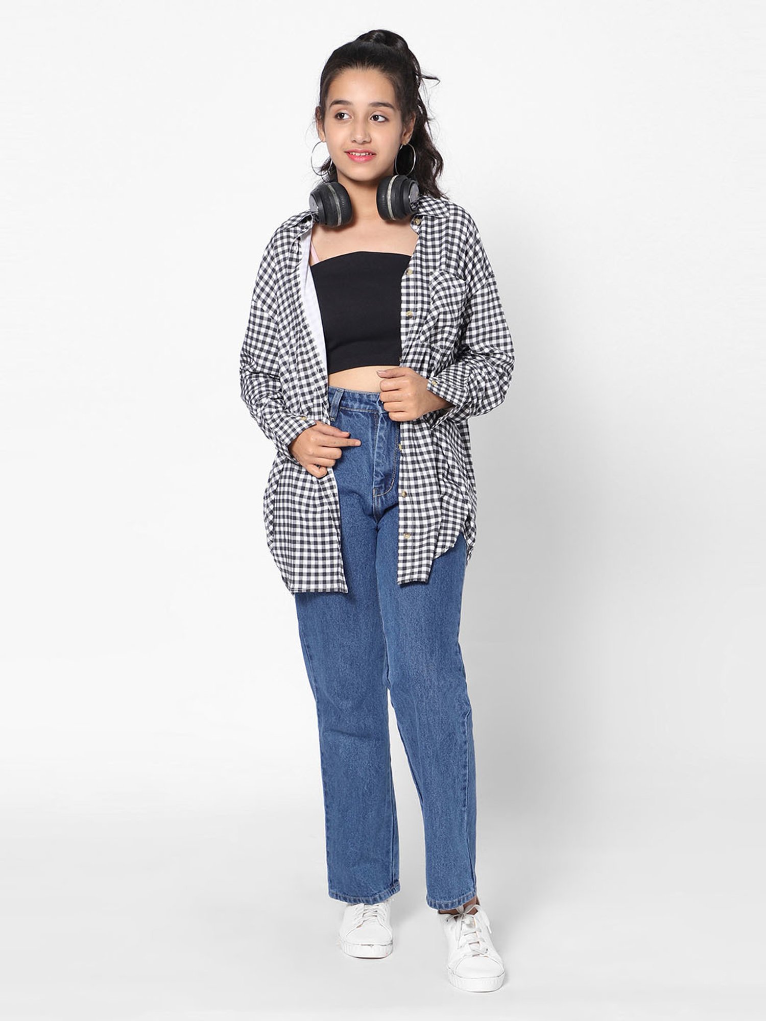 TeenTrums Girls Black & White Checks Full Sleeves Shirt Top