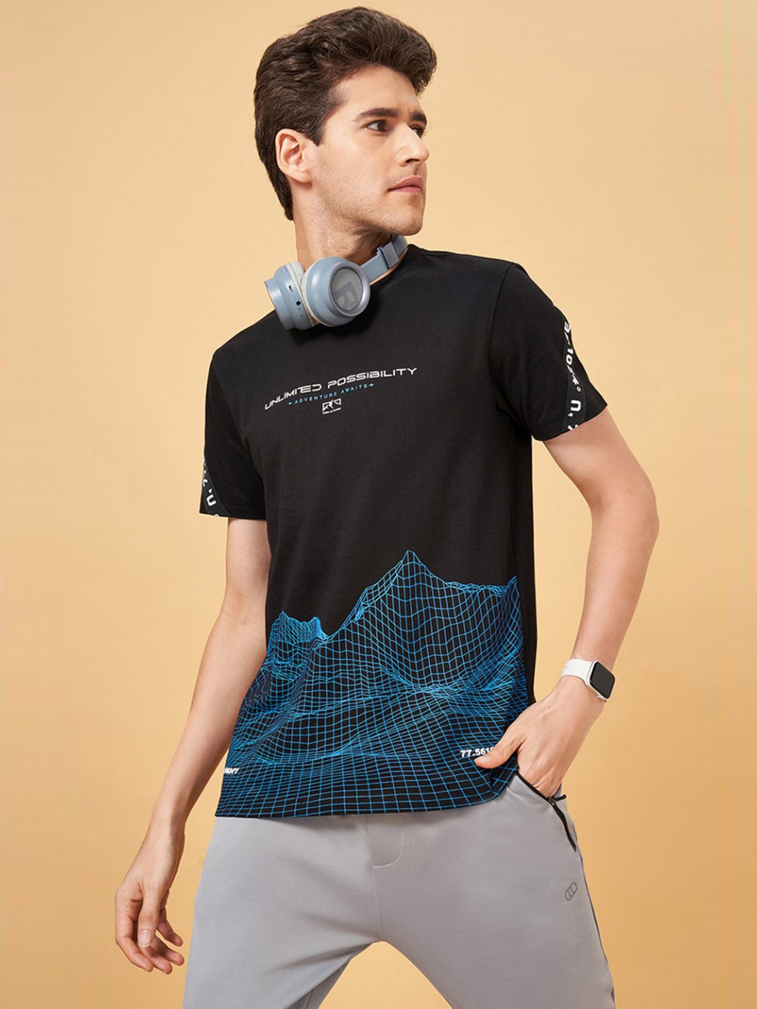 Ajile by Pantaloons Jet Black Cotton Slim Fit Printed T-Shirt