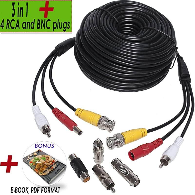 HD Audio Video Security Camera BNC Power Cable Gift BNC PreMade AllinOne Extension Wire CCTV Cord with BNC RCA Connectors 30 m 3in1100 Ft