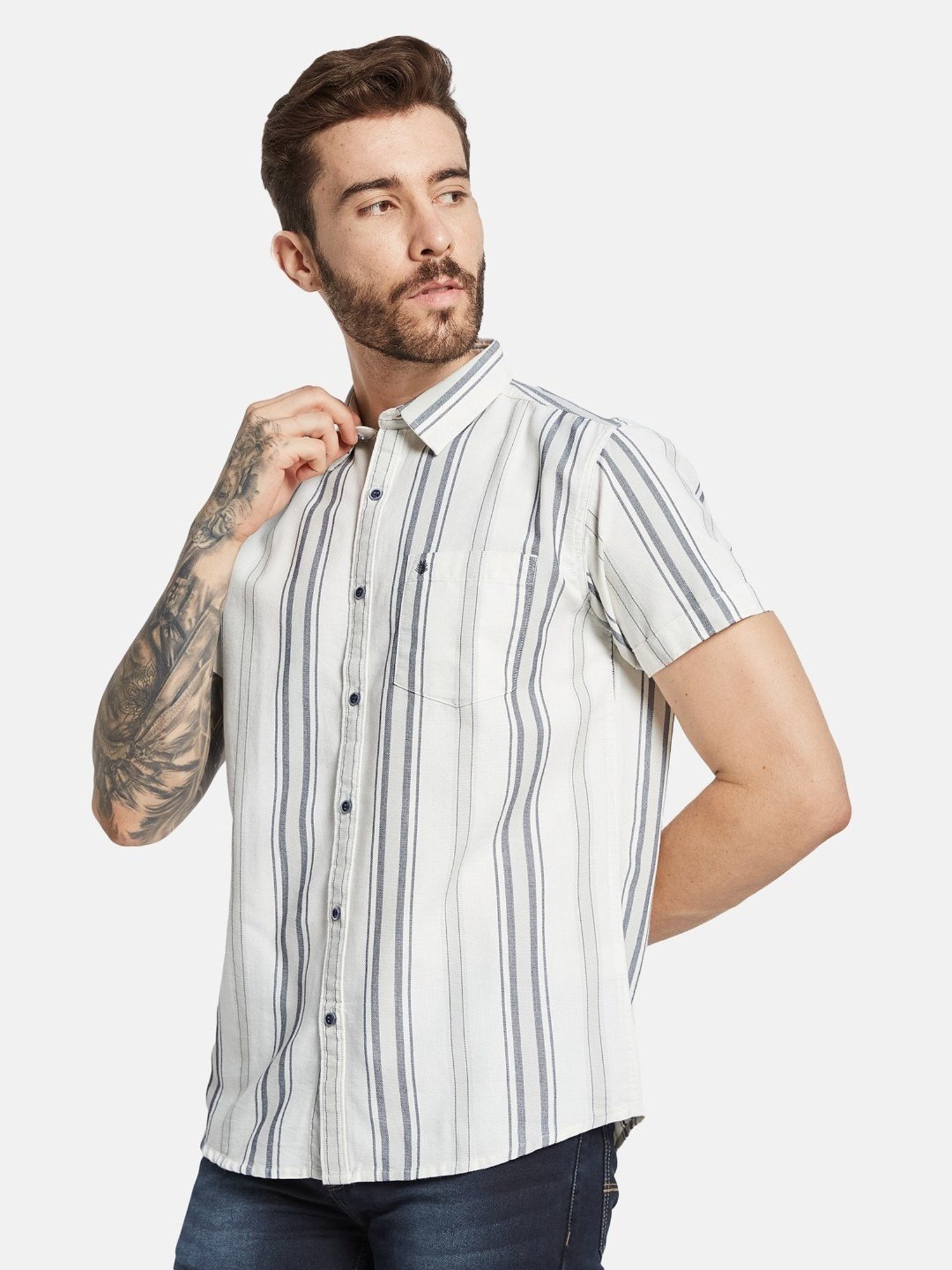 Mettle Off White Cotton Regular Fit Striped Shirt