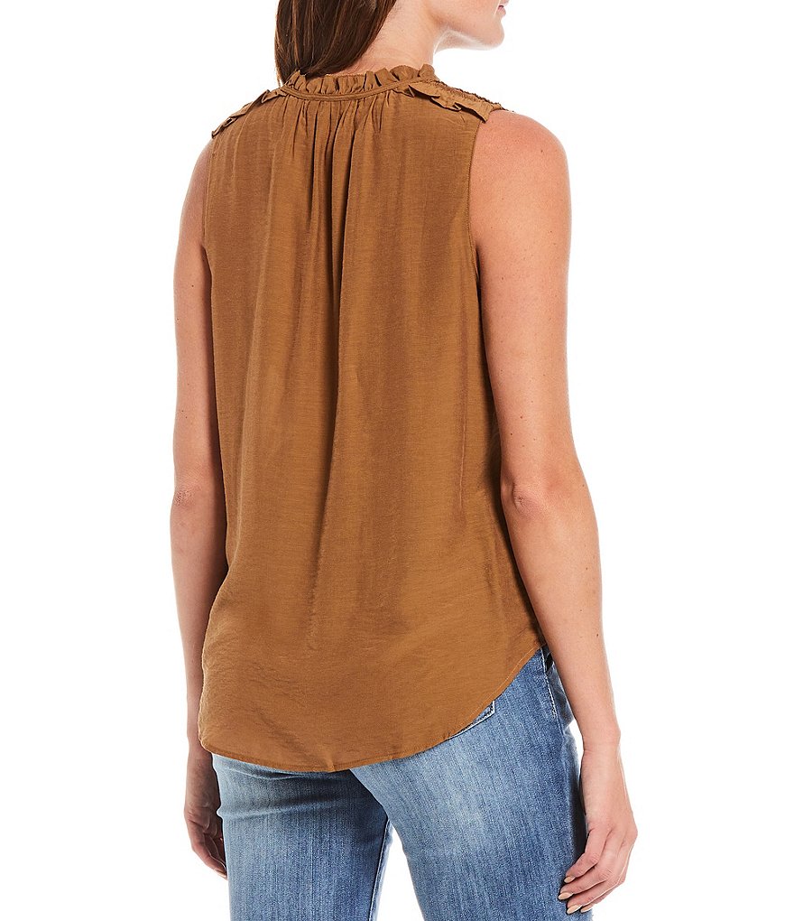 Democracy Ruffle Trim V-Neck Ruched Shoulder Details Sleeveless Woven Tank