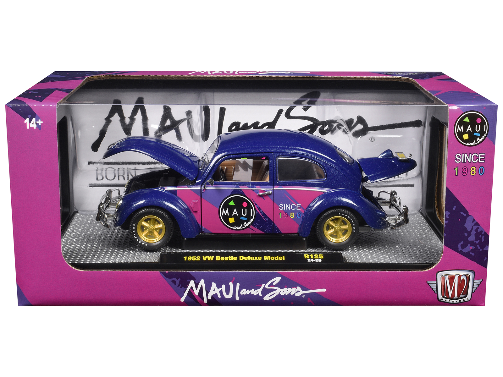 1952 Volkswagen Beetle Deluxe Model "Maui & Sons" Purple Metallic with Graphics Limited Edition to 6650 pieces Worldwide 1/24 Diecast Model Car by M2 Machines