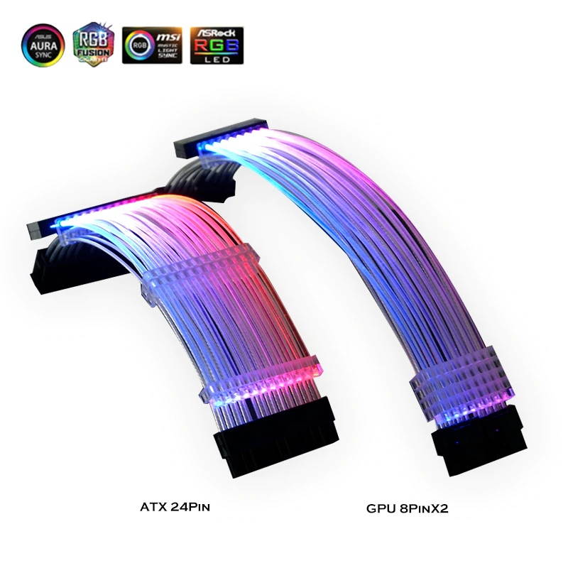 Extension Cable RGB, ATX 24Pin GPU 8Pin Streamer PCI-E 6+2P Dual Rainbow Cord 5V/12V MB Sync, PC Case Decoration