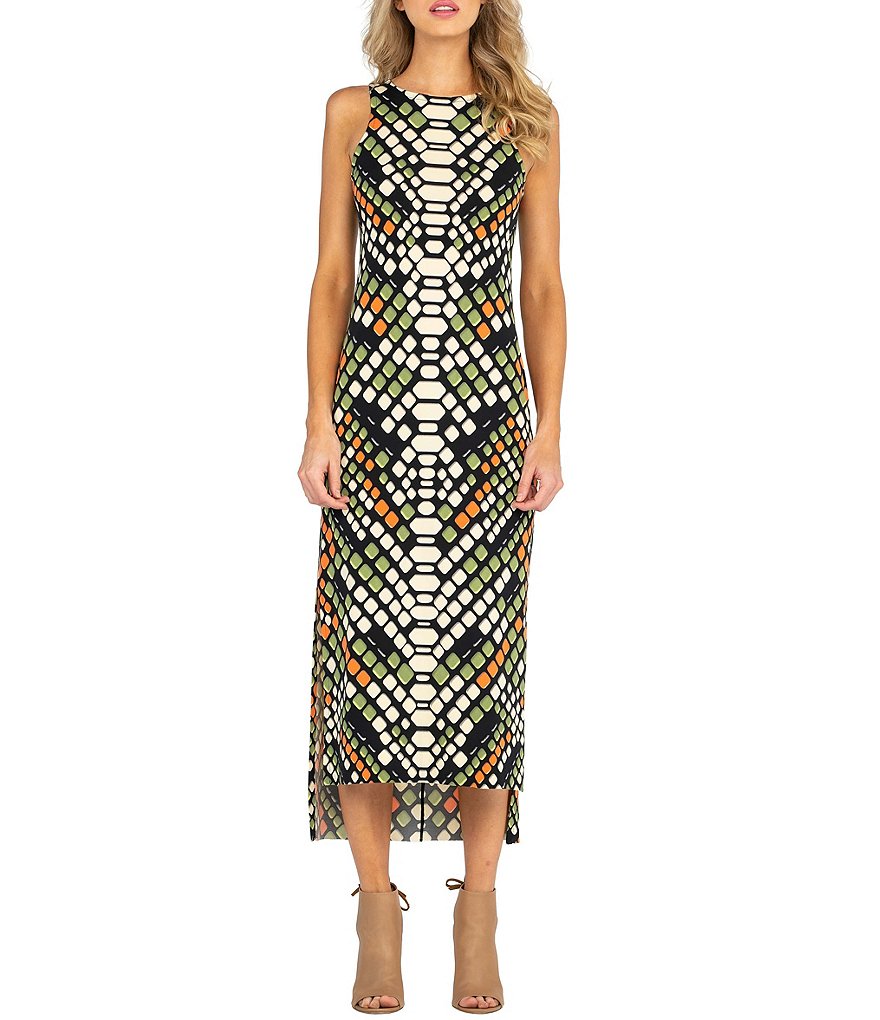 Eva Varro Geo Dot Tile Print Knit Round Neck Sleeveless Hi-Low Side Slit Midi Tank Dress