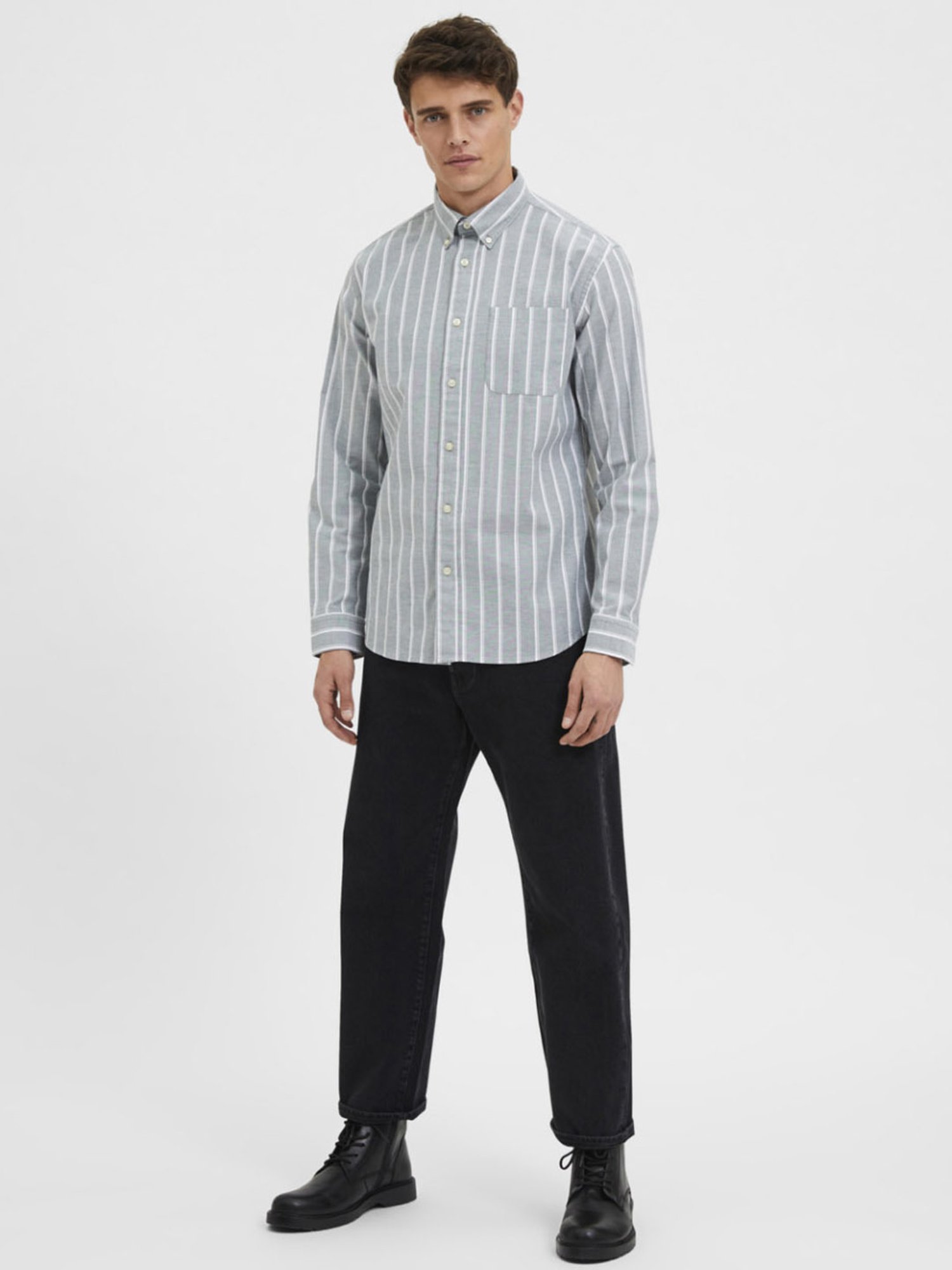 SELECTED HOMME Grey Cotton Regular Fit Striped Shirt