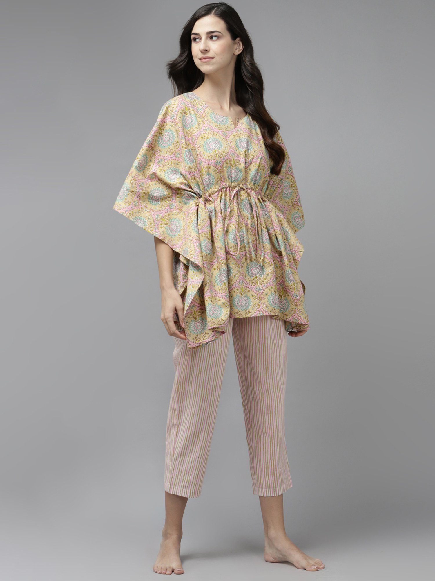 Prakrti Green Cotton Printed Kaftan Pant Set