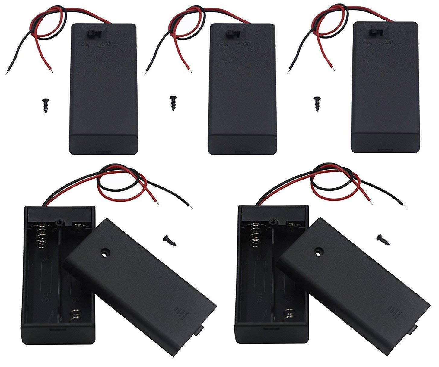 LAMPVPATH 5Pcs 2 AA Battery Holder with Switch, 2X 1.5V AA Battery Holder Case with Wire Leads and ON/Off Switch(5 Pack)