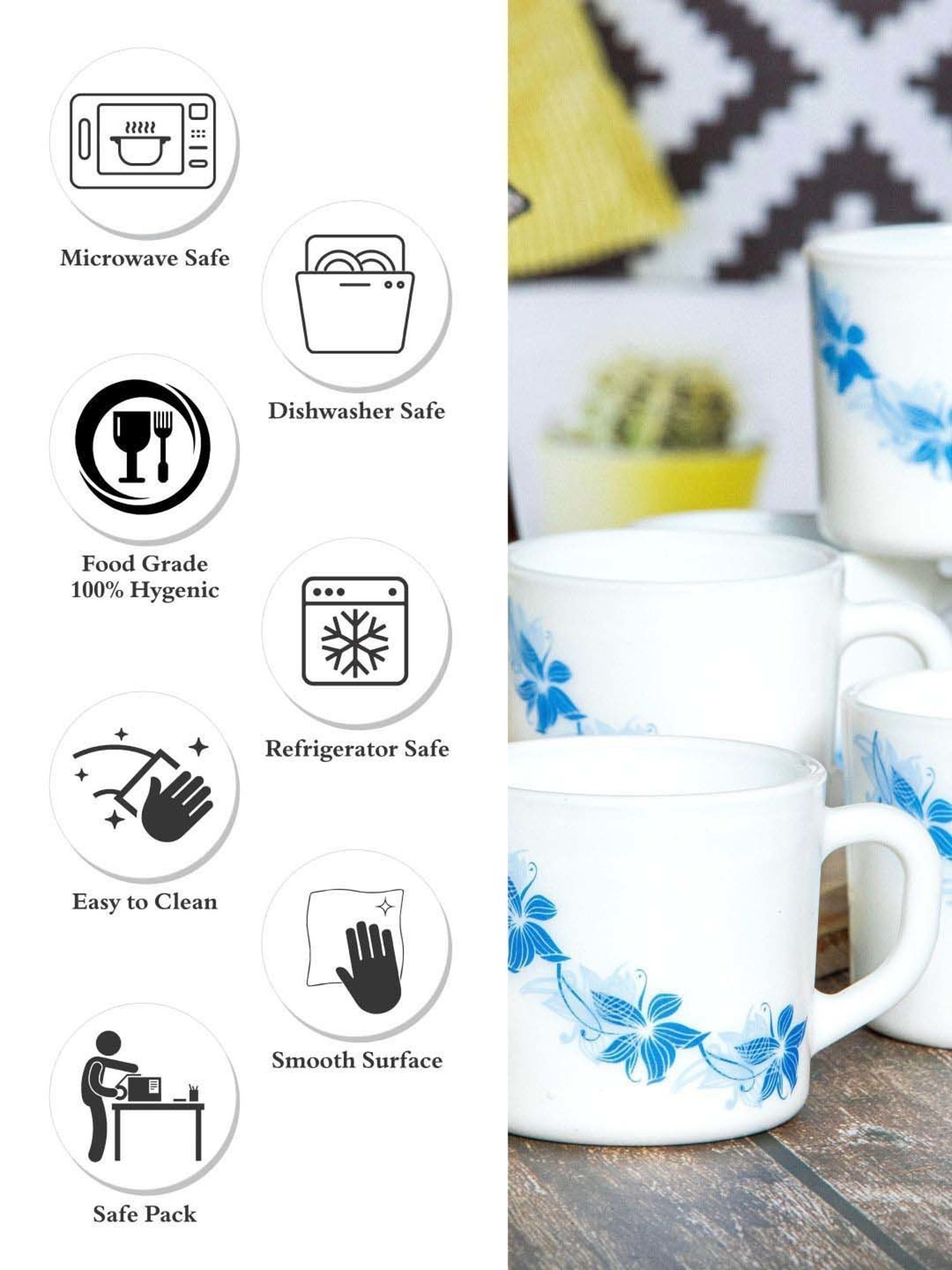 Cello White & Blue Glass Coffee Mug (0.1 L) - Set of 6