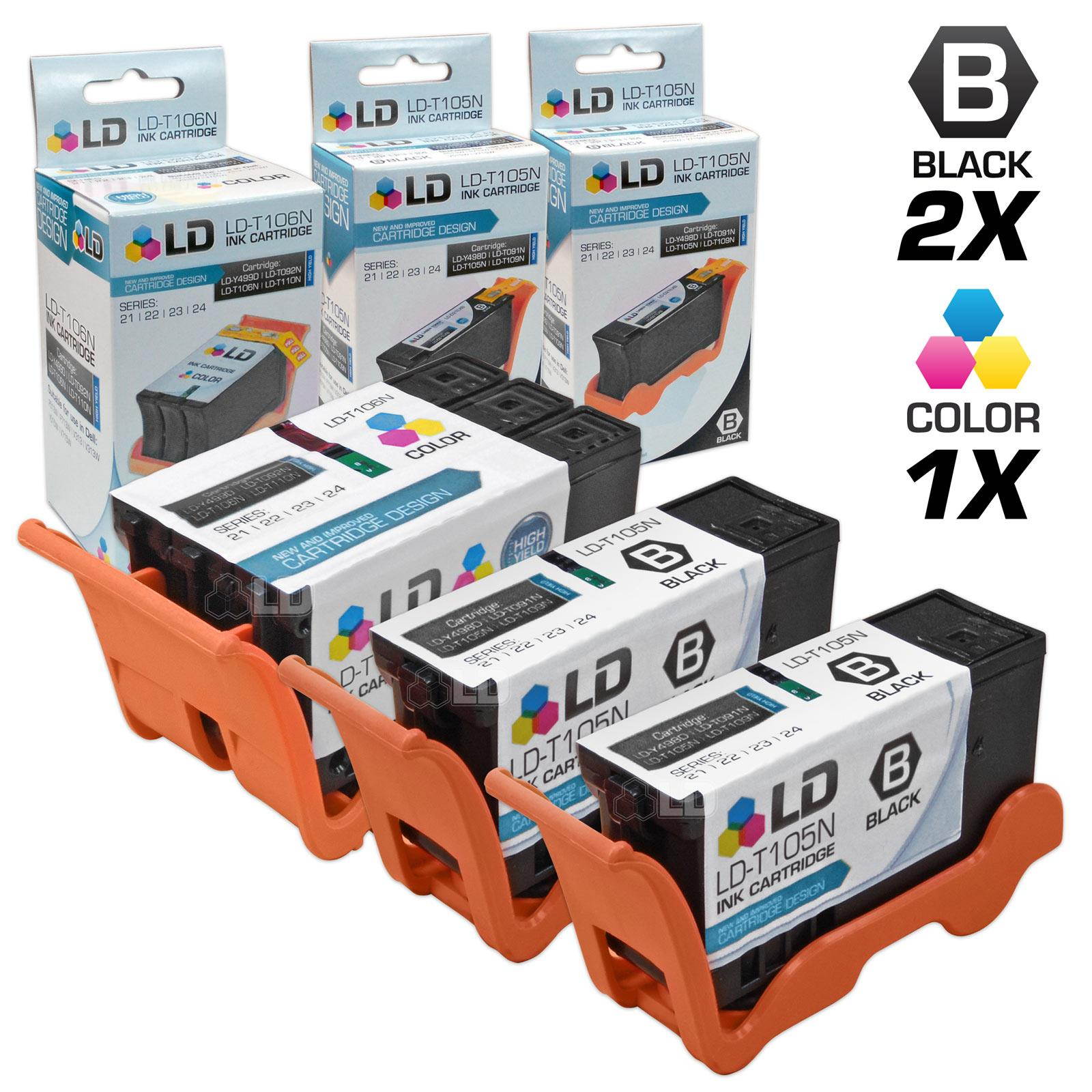 LD &copy; Compatible Set of 3 (Series 23) High Yield Black & Color Ink Cartridges for the Dell V515w Printer: 2 Black T105N, 1 Color T106N