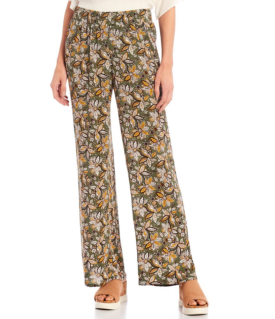 I.N. Studio Floral Print Crepon Pull-On Palazzo Pants