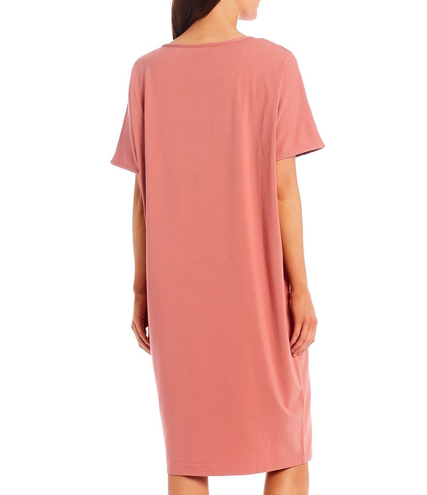 Kate Landry Solid Knit V-Neck Short Sleeve Midi Lounge Dress