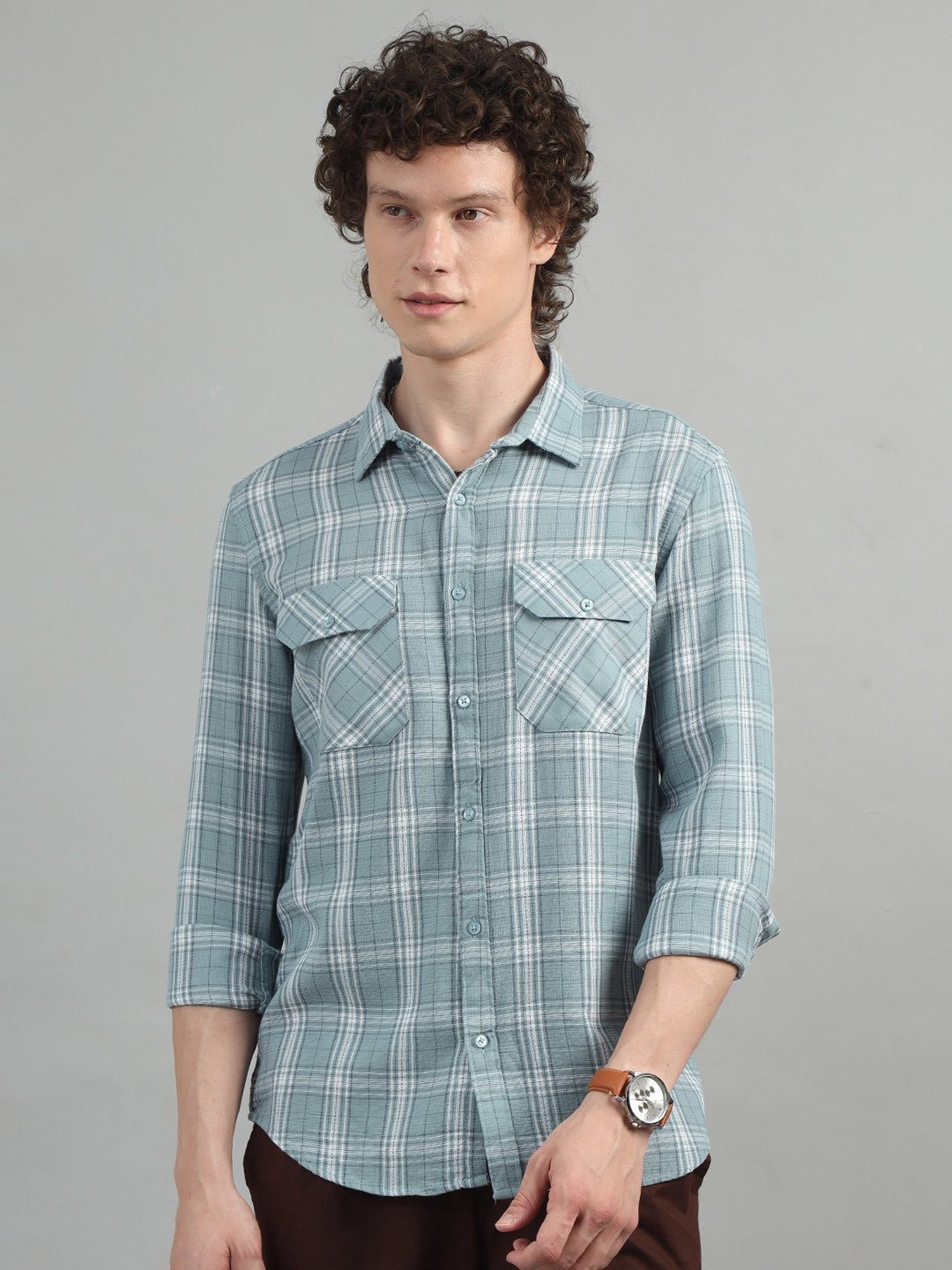 Bushirt Light Blue Regular Fit Check Cotton Shirt