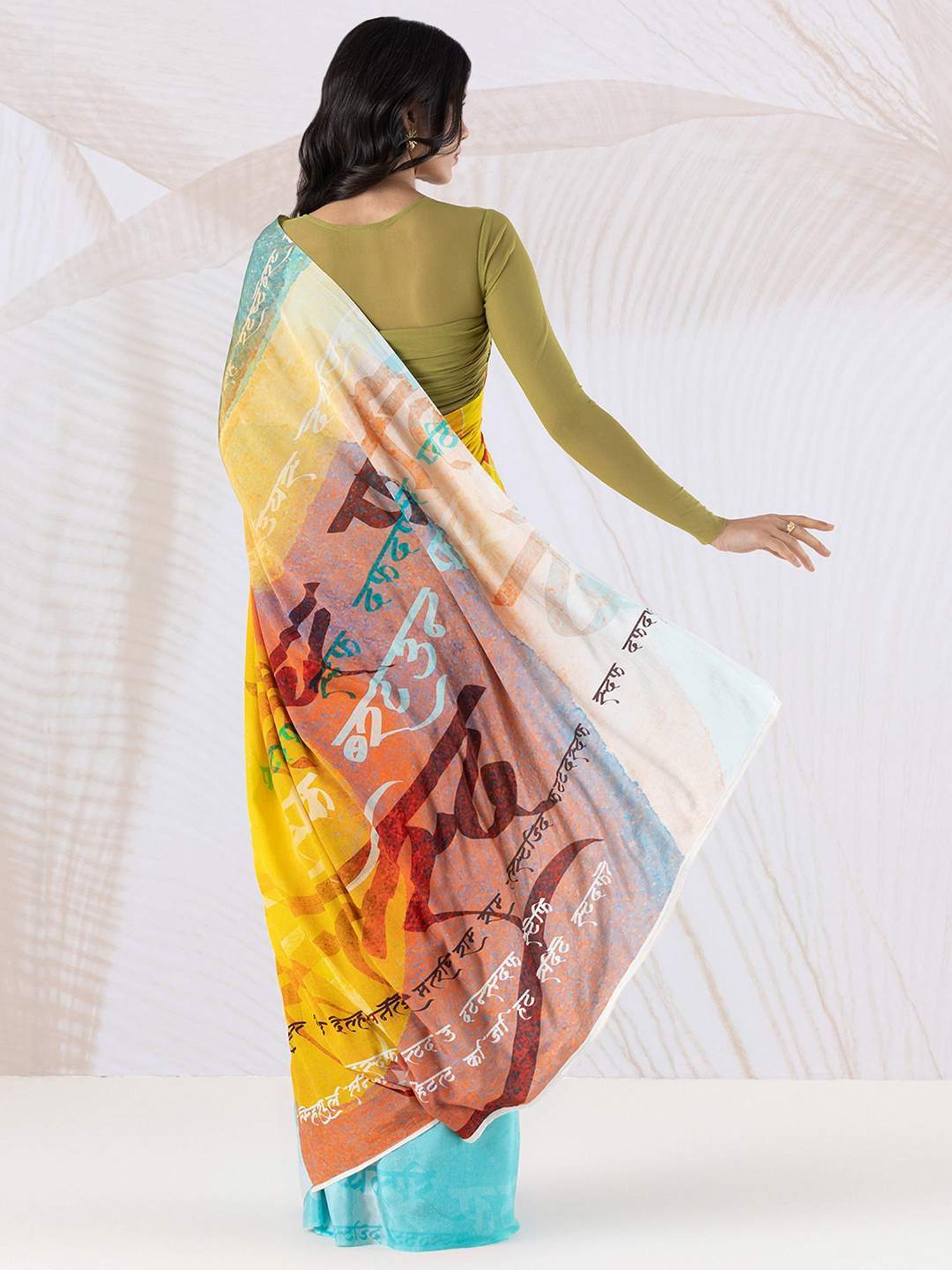 navyasa by liva Yellow & Blue Printed Saree With Unstitched Blouse