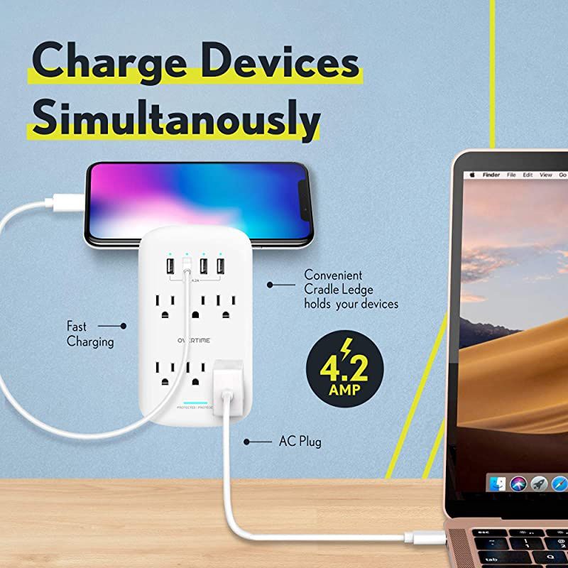 Wall Charger 4Pack Socket Shelf Overtime Surge Protector 6 Outlet Extender with 4 Ports Charging Station Compatible iPhone 11 Pro MaxXsXS MaxXRX876Plus Samsung ETL Certified