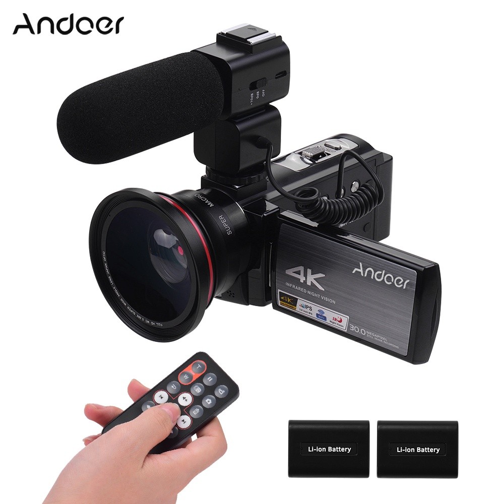 Andoer HDR-AE8 4K WiFi Digital Video Camera Camcorder DV Recorder 30MP 16X Digital Zoom IR Night Vision 3 Inch IPS LCD Touchscreen with 2pcs Rechargeable Batteries + Extra 0.39X   Wide   Angle Lens +