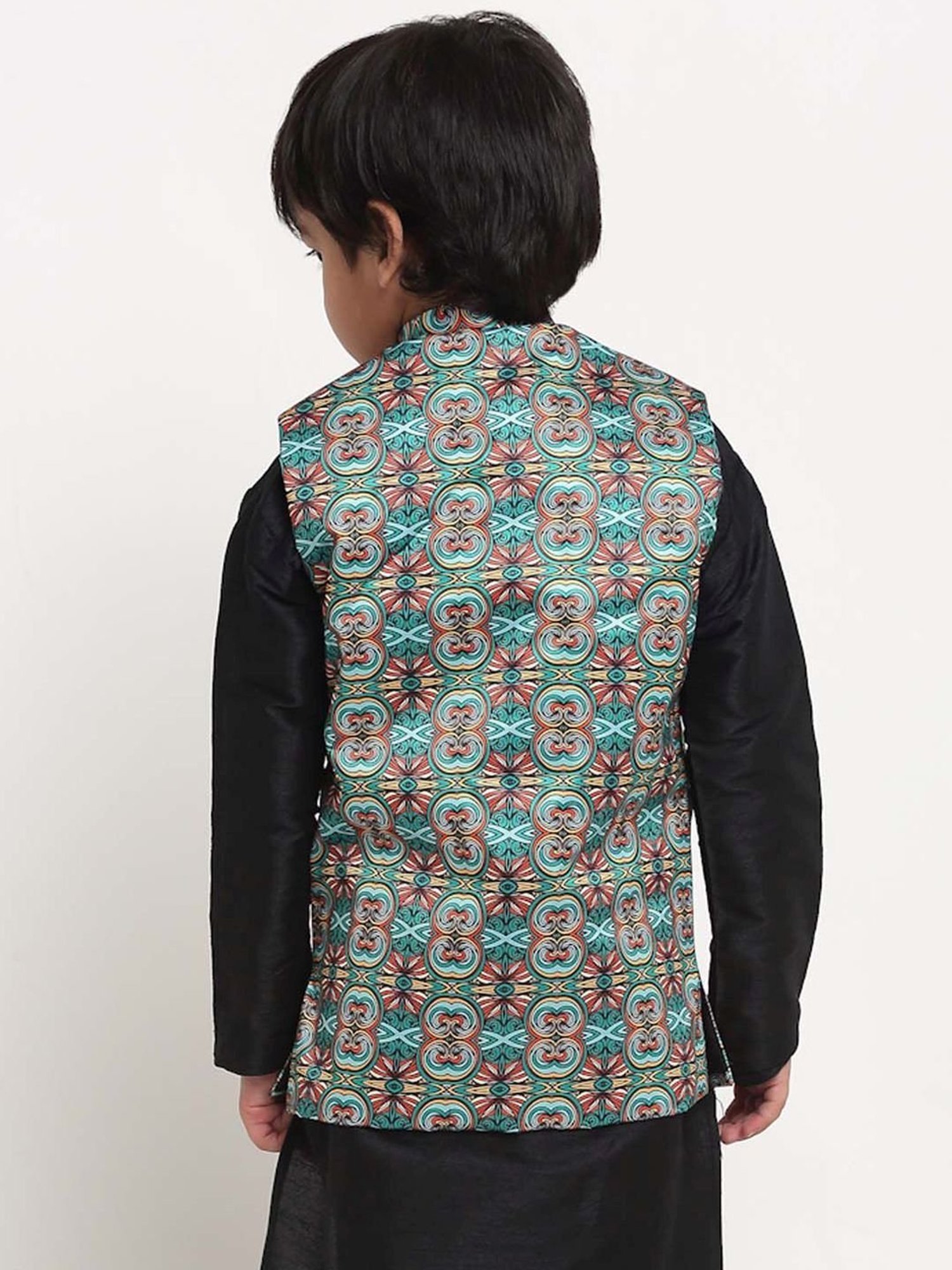 Benstoke Kids Teal Green & Orange Printed Nehru Jacket