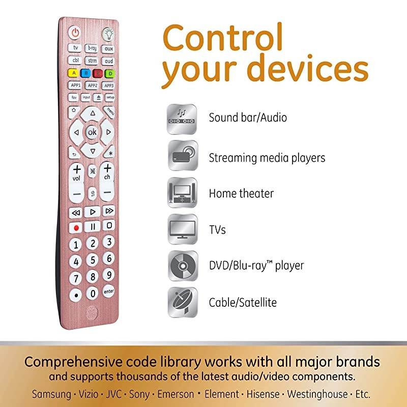 6-Device Backlit Universal Remote Control for Samsung, Vizio, Lg, Sony, Sharp, Roku, Apple TV, Smart TVs, Streaming Players, Blu-Ray, DVD, Master Volume Control, Rose, 47505