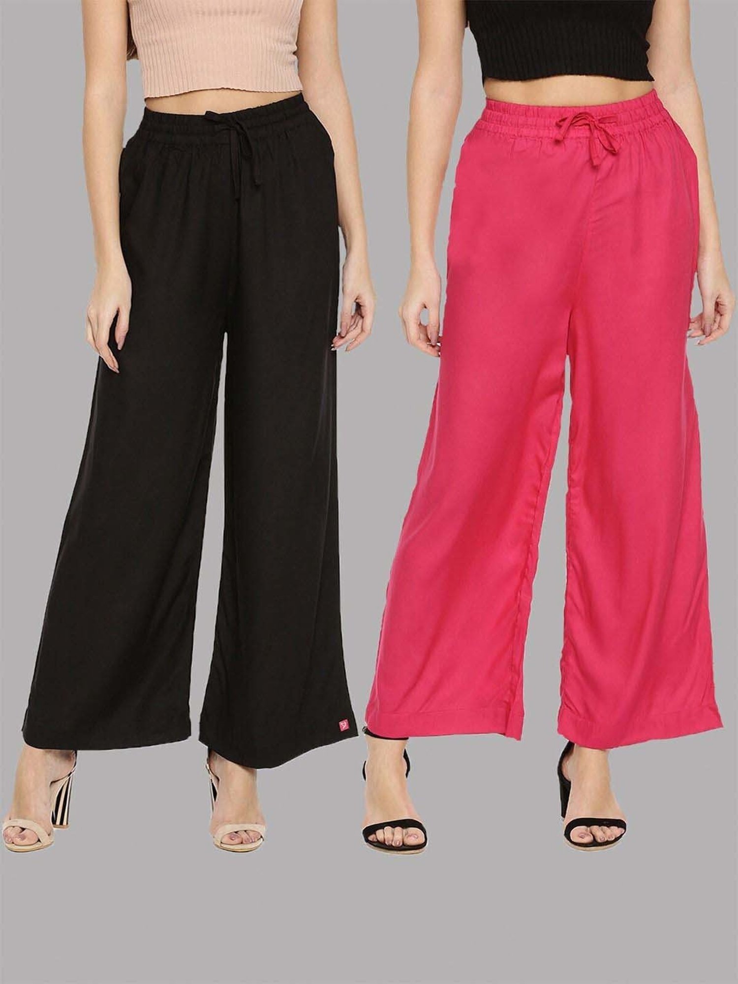 TWIN BIRDS Black & Pink Mid Rise Palazzos - Pack Of 2