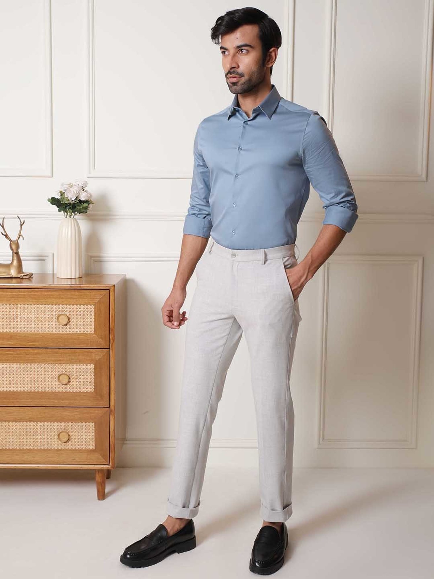 SUBTRACT Lunar Grey Slim Fit Flat Front Trousers
